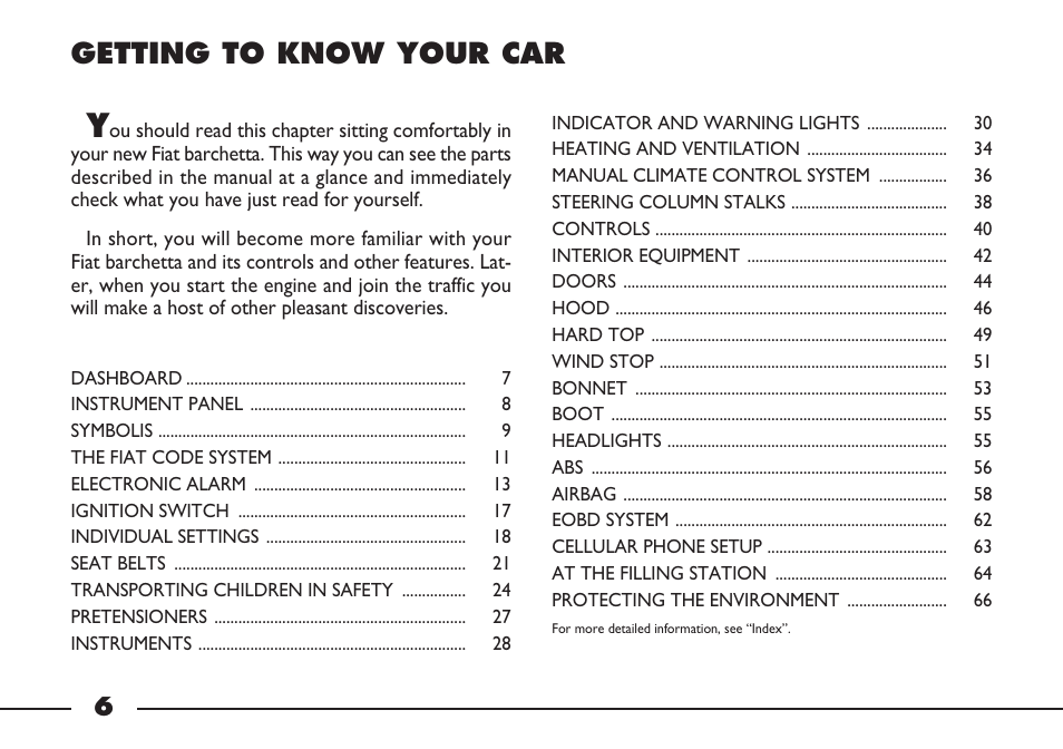 Getting to know your car | FIAT Barchetta User Manual | Page 7 / 170