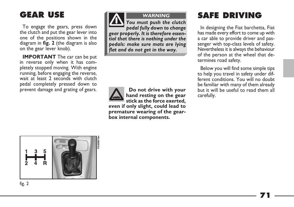 Gear use, Safe driving | FIAT Barchetta User Manual | Page 72 / 170