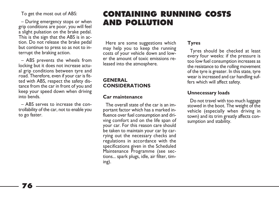 Containing running costs and pollution | FIAT Barchetta User Manual | Page 77 / 170