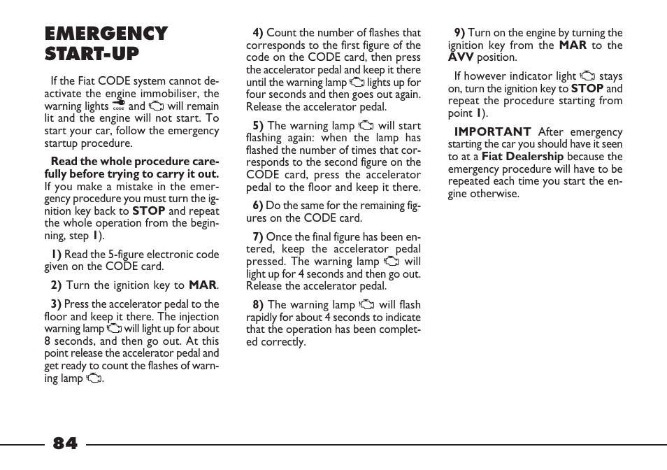 Emergency start-up | FIAT Barchetta User Manual | Page 85 / 170