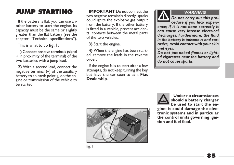 Jump starting | FIAT Barchetta User Manual | Page 86 / 170