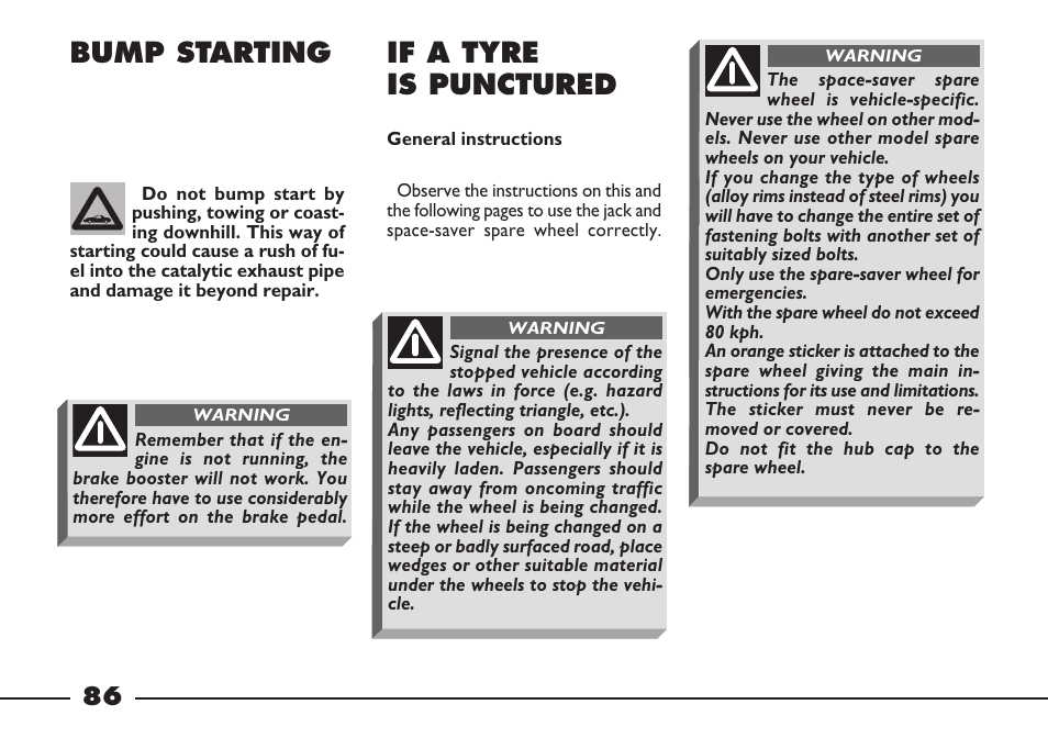 Bump starting if a tyre is punctured | FIAT Barchetta User Manual | Page 87 / 170