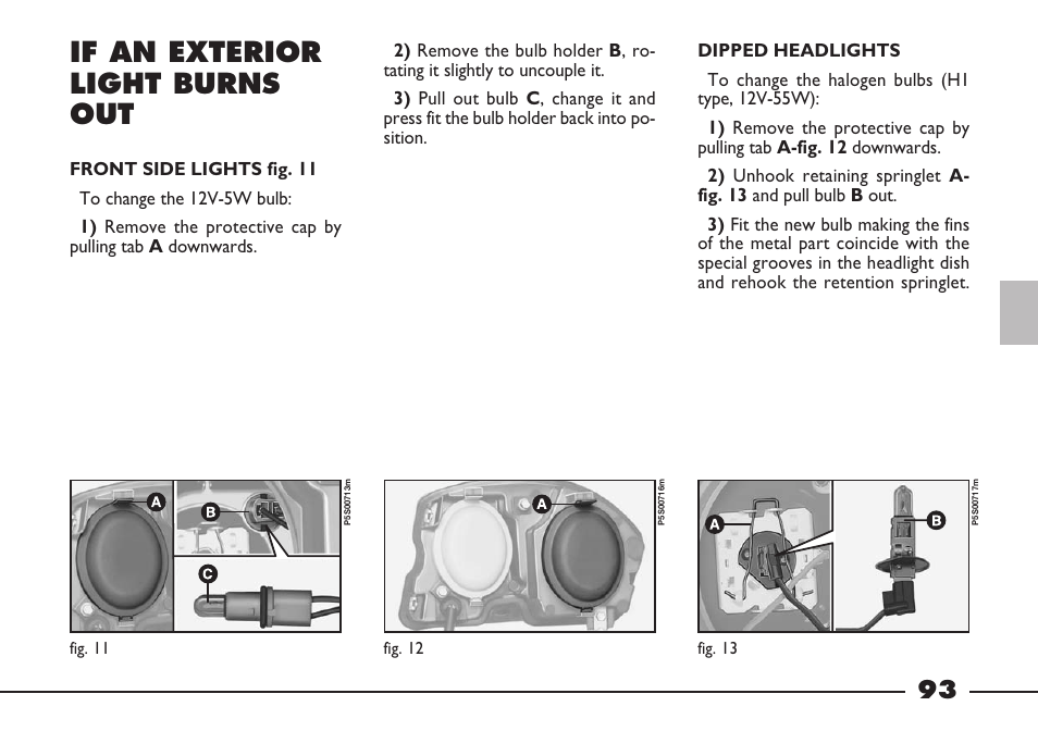 If an exterior light burns out | FIAT Barchetta User Manual | Page 94 / 170