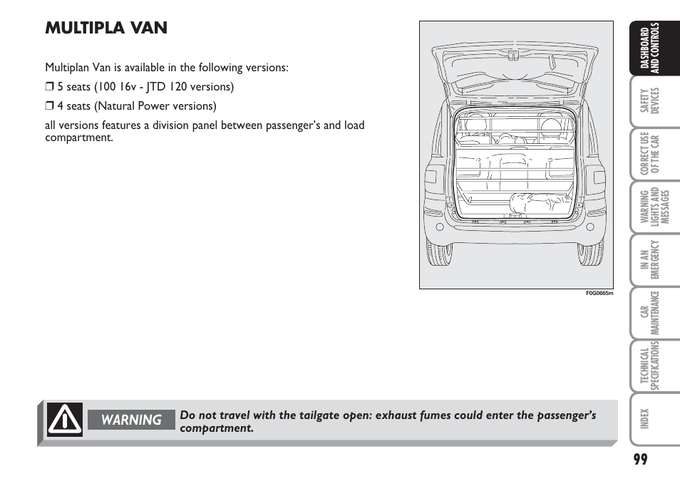 Multipla van, Warning | FIAT Multipla User Manual | Page 100 / 266