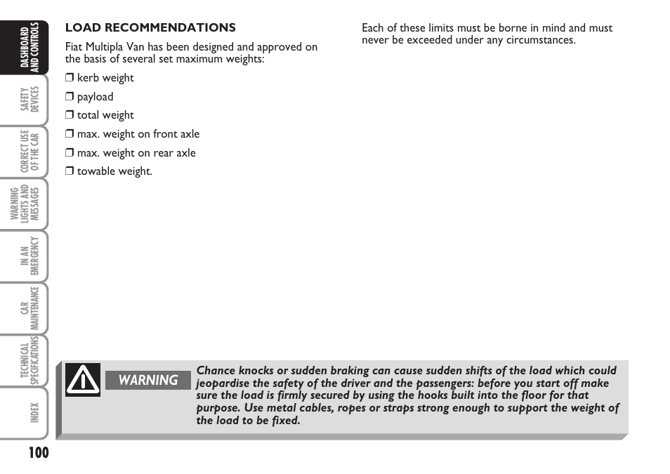 Warning | FIAT Multipla User Manual | Page 101 / 266