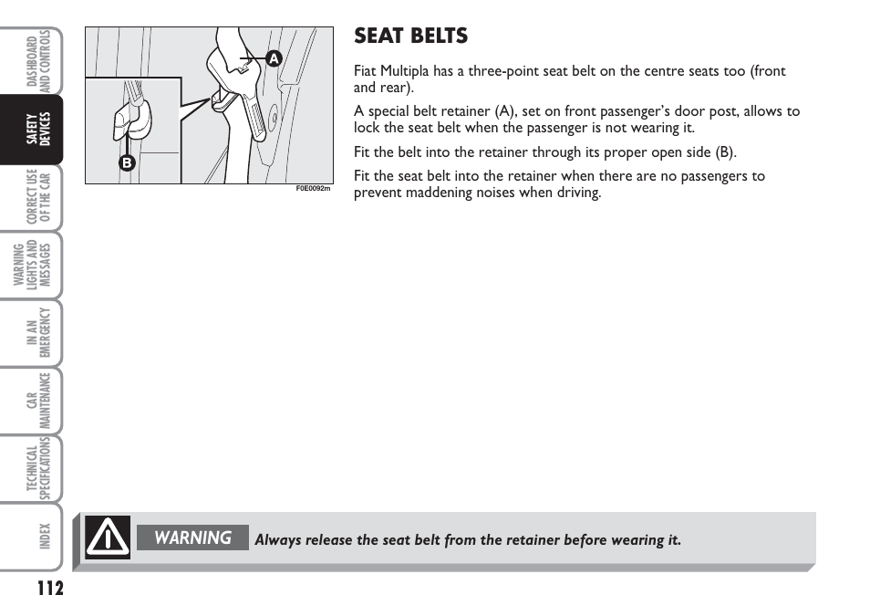 Seat belts, Warning | FIAT Multipla User Manual | Page 113 / 266