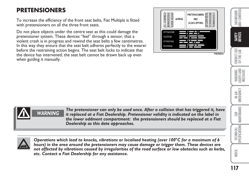 Pretensioners, Warning | FIAT Multipla User Manual | Page 118 / 266
