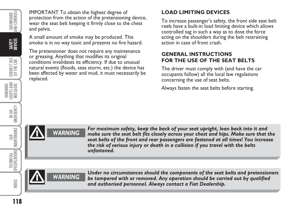 Warning | FIAT Multipla User Manual | Page 119 / 266