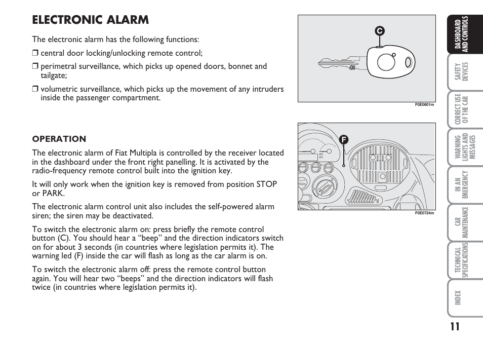 Electronic alarm | FIAT Multipla User Manual | Page 12 / 266