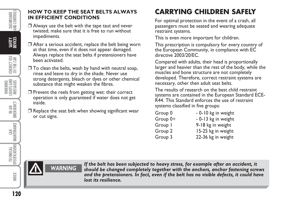 Carrying children safely, Warning | FIAT Multipla User Manual | Page 121 / 266