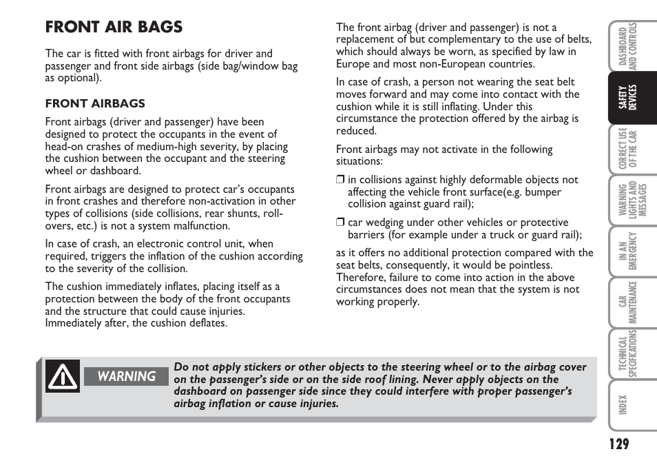 Front air bags, Warning | FIAT Multipla User Manual | Page 130 / 266