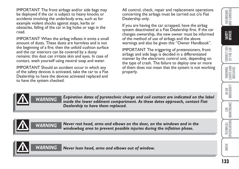 Warning | FIAT Multipla User Manual | Page 134 / 266