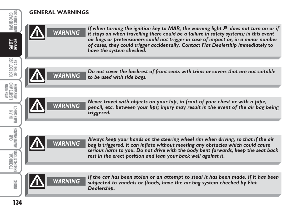 Warning | FIAT Multipla User Manual | Page 135 / 266