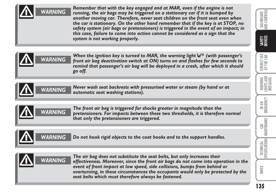 Warning | FIAT Multipla User Manual | Page 136 / 266