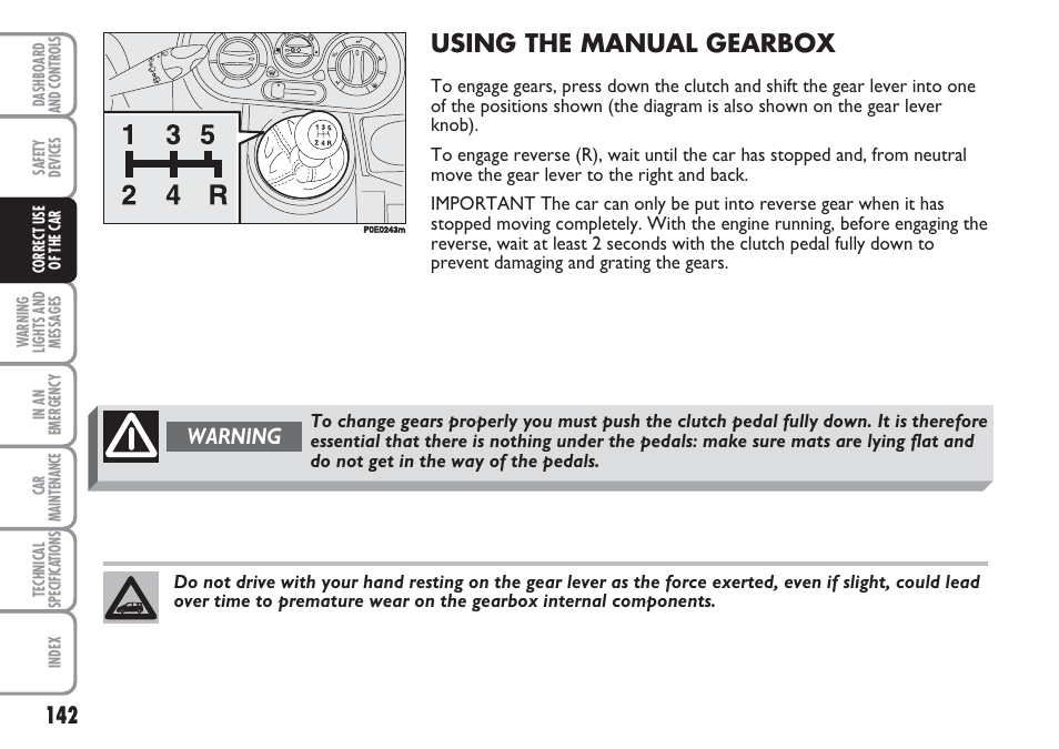 Using the manual gearbox, Warning | FIAT Multipla User Manual | Page 143 / 266