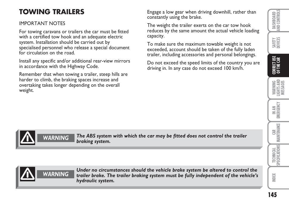 Towing trailers, Warning | FIAT Multipla User Manual | Page 146 / 266