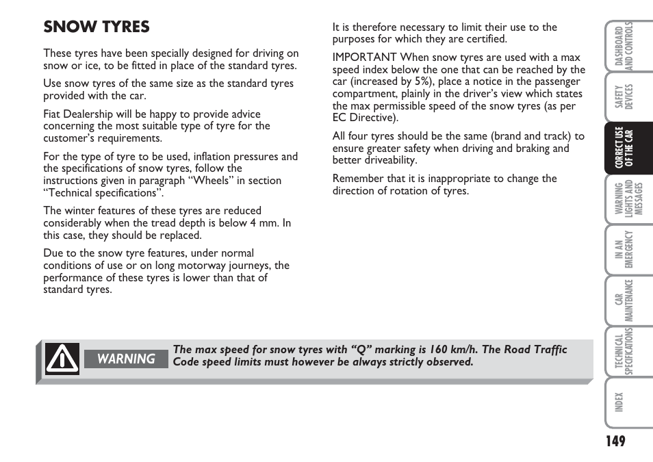 Snow tyres, Warning | FIAT Multipla User Manual | Page 150 / 266