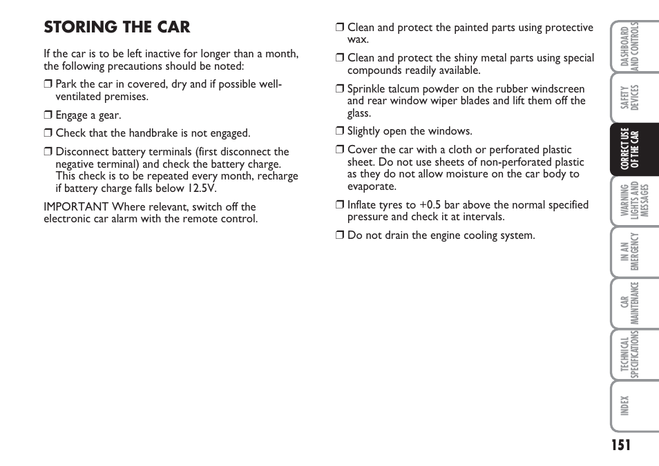 Storing the car | FIAT Multipla User Manual | Page 152 / 266