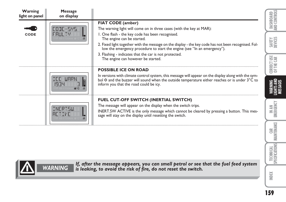 Warning | FIAT Multipla User Manual | Page 160 / 266