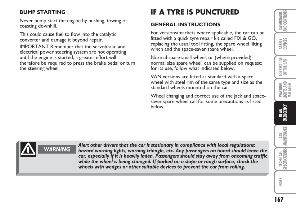 If a tyre is punctured, Warning | FIAT Multipla User Manual | Page 168 / 266