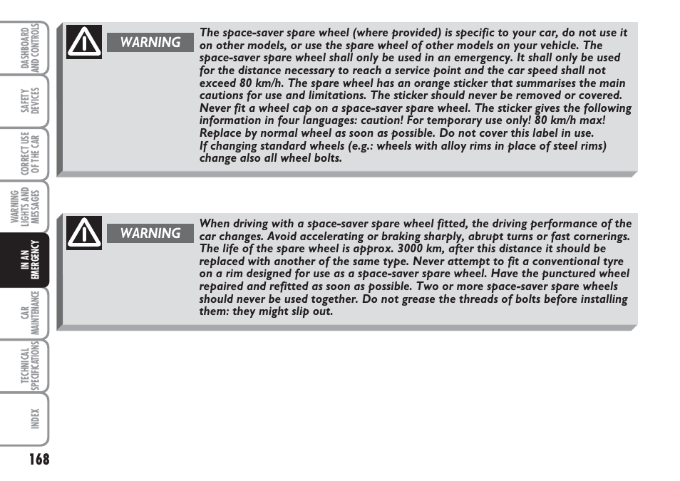 Warning | FIAT Multipla User Manual | Page 169 / 266