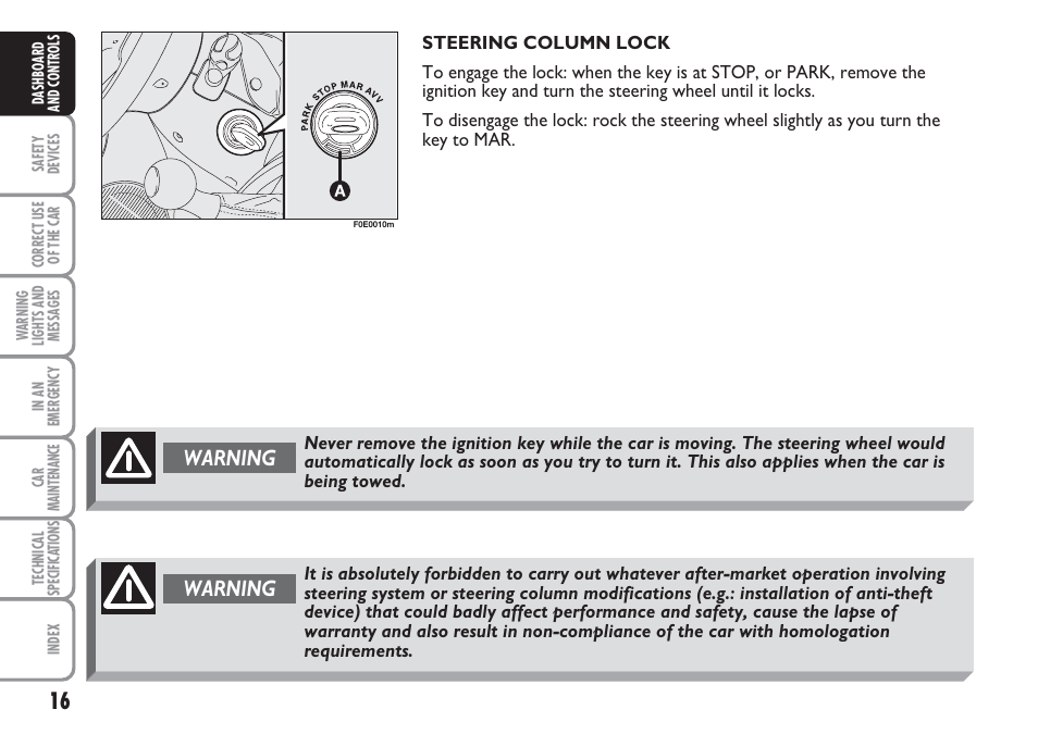 Warning | FIAT Multipla User Manual | Page 17 / 266