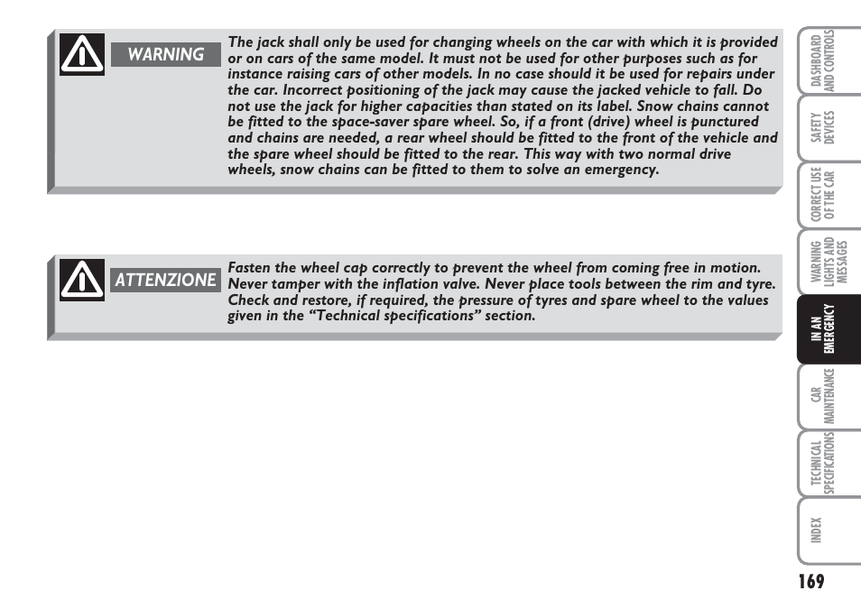 Warning, Attenzione | FIAT Multipla User Manual | Page 170 / 266