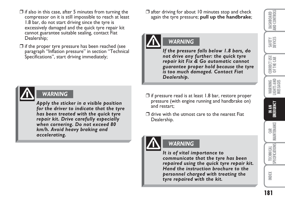 Warning | FIAT Multipla User Manual | Page 182 / 266