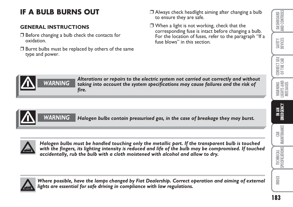 If a bulb burns out, Warning | FIAT Multipla User Manual | Page 184 / 266