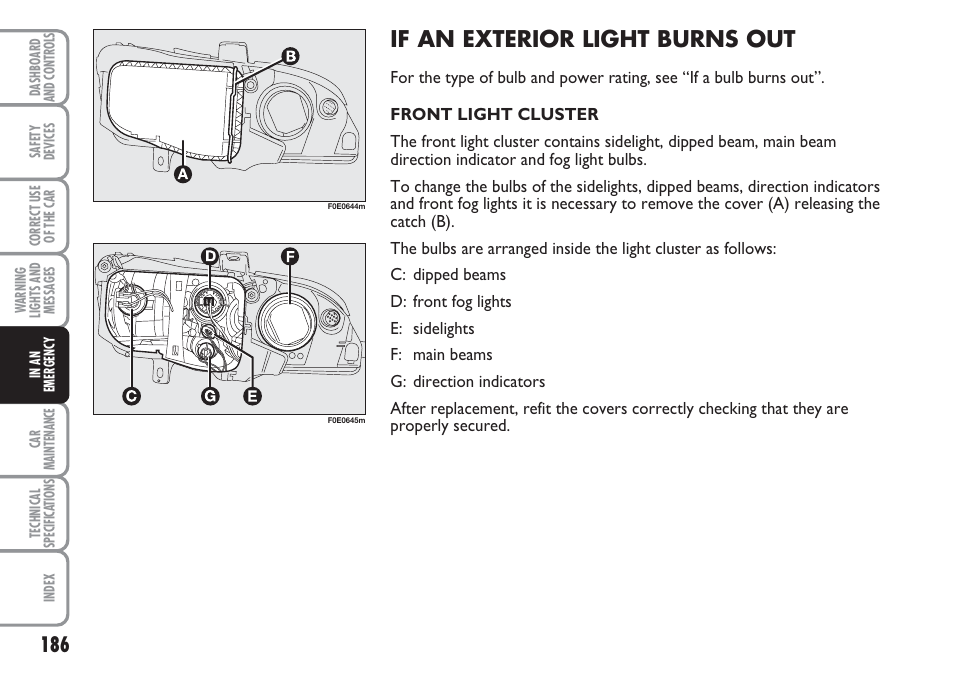 If an exterior light burns out | FIAT Multipla User Manual | Page 187 / 266