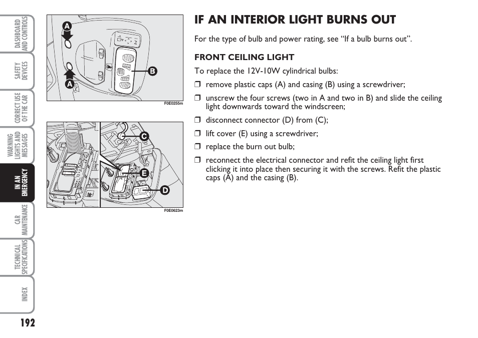 If an interior light burns out | FIAT Multipla User Manual | Page 193 / 266