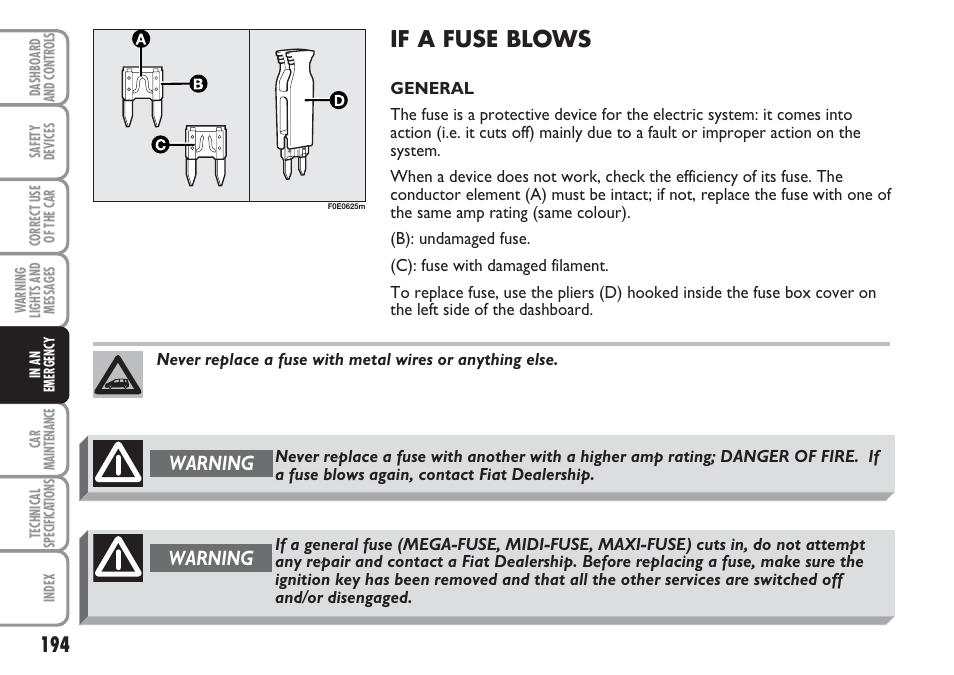 If a fuse blows, Warning | FIAT Multipla User Manual | Page 195 / 266