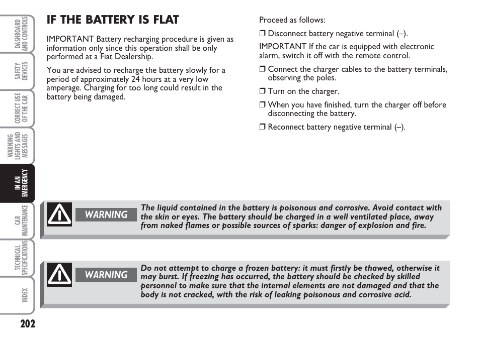 If the battery is flat, Warning | FIAT Multipla User Manual | Page 203 / 266