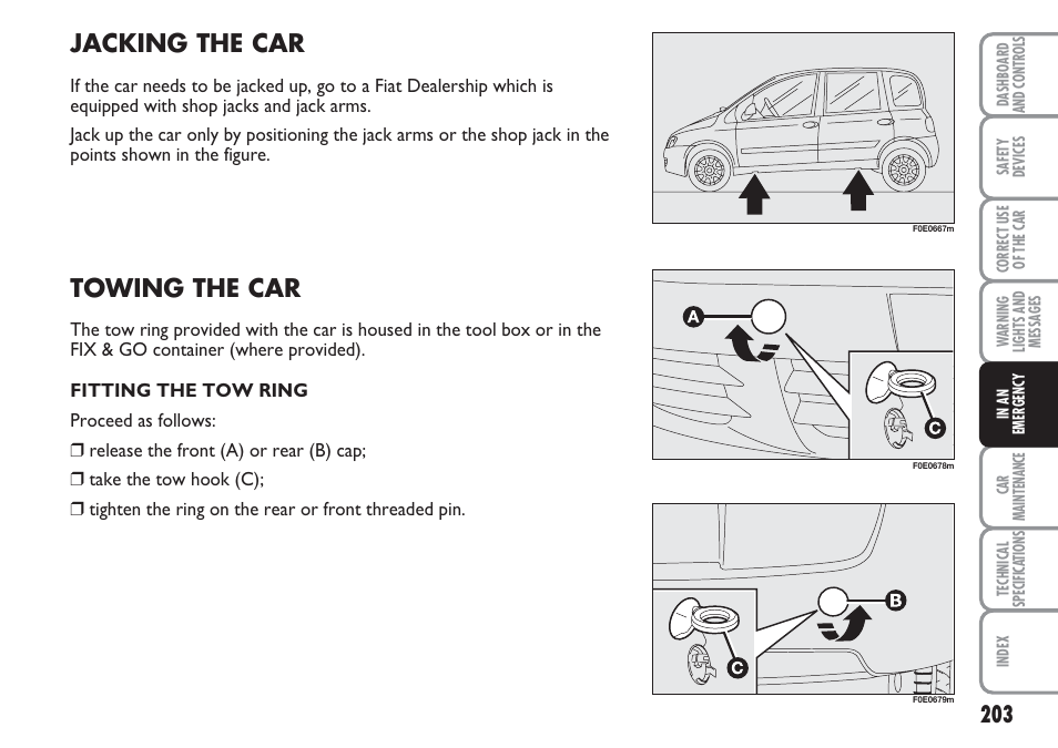 Jacking the car, Towing the car | FIAT Multipla User Manual | Page 204 / 266