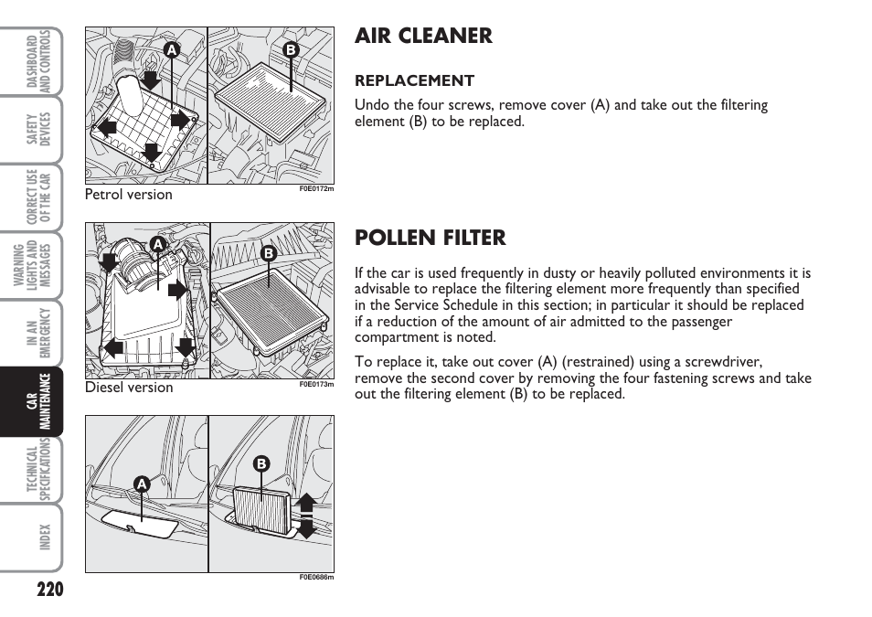 Air cleaner, Pollen filter | FIAT Multipla User Manual | Page 221 / 266