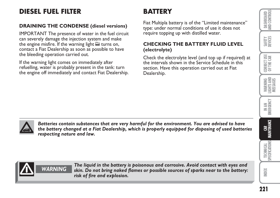 Diesel fuel filter, Battery, Warning | FIAT Multipla User Manual | Page 222 / 266