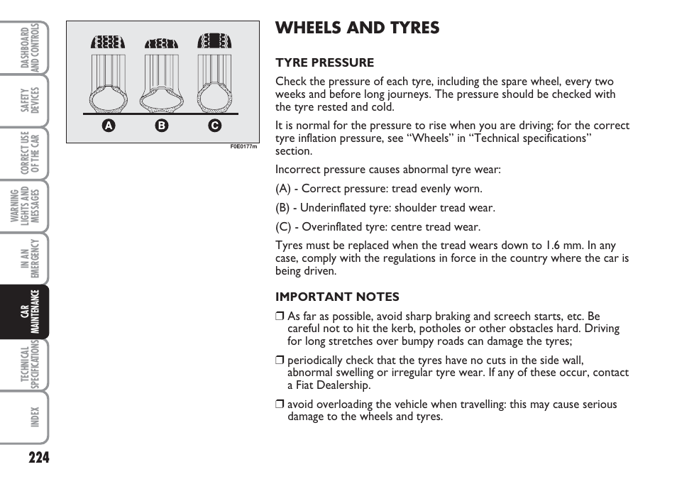 Wheels and tyres | FIAT Multipla User Manual | Page 225 / 266