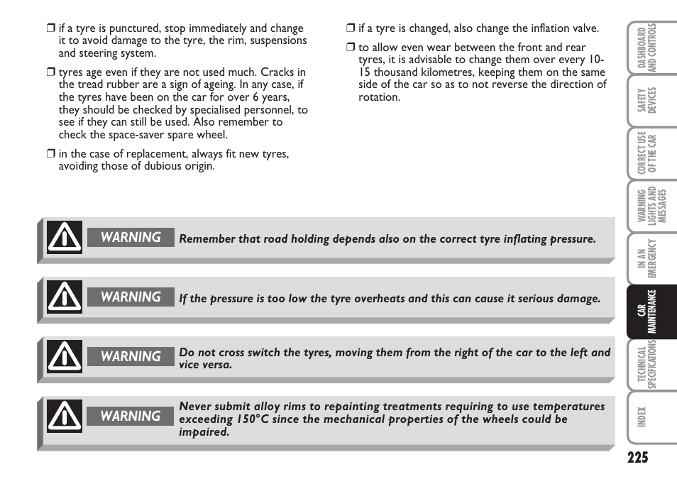 Warning | FIAT Multipla User Manual | Page 226 / 266