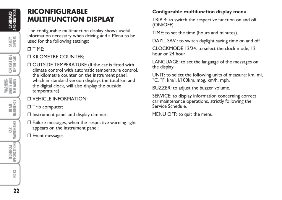 Riconfigurable multifunction display | FIAT Multipla User Manual | Page 23 / 266