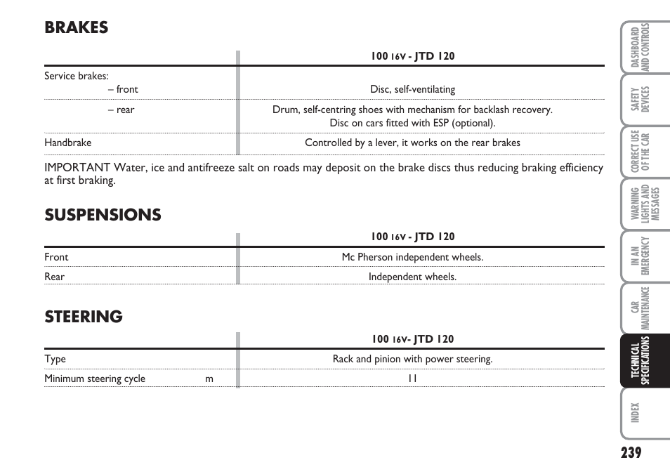 Brakes, Suspensions, Steering | FIAT Multipla User Manual | Page 240 / 266