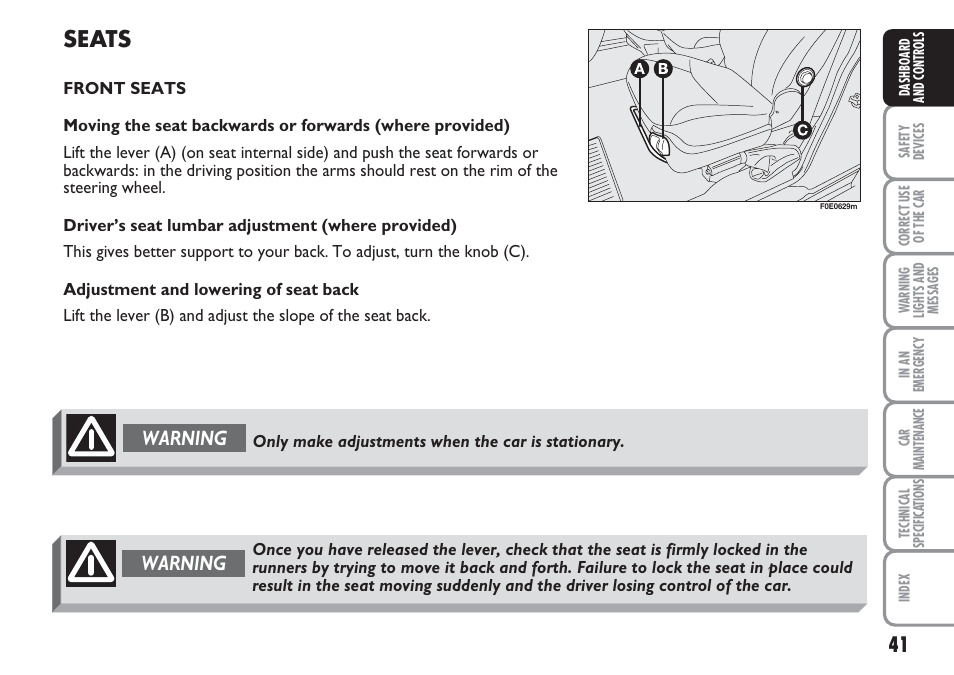 Seats, Warning | FIAT Multipla User Manual | Page 42 / 266