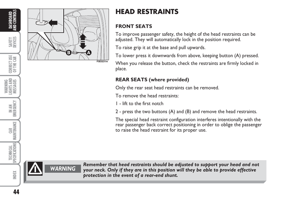 Head restraints, Warning | FIAT Multipla User Manual | Page 45 / 266