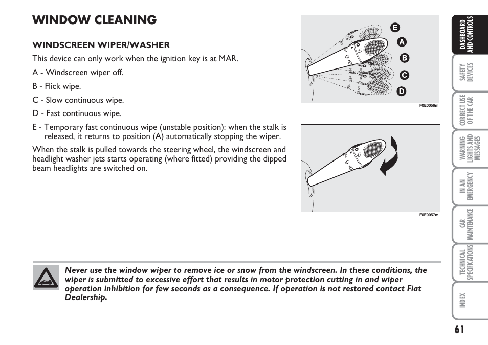 Window cleaning | FIAT Multipla User Manual | Page 62 / 266