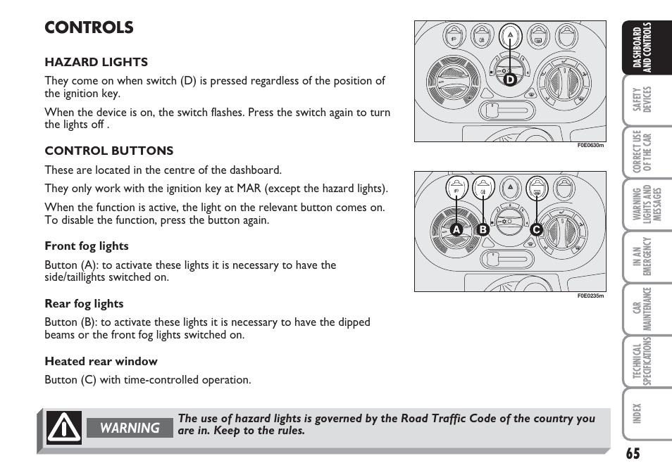 Controls, Warning | FIAT Multipla User Manual | Page 66 / 266