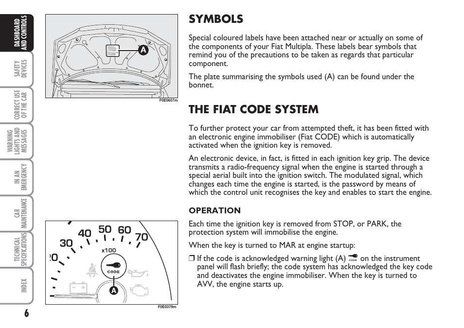 Symbols, The fiat code system | FIAT Multipla User Manual | Page 7 / 266