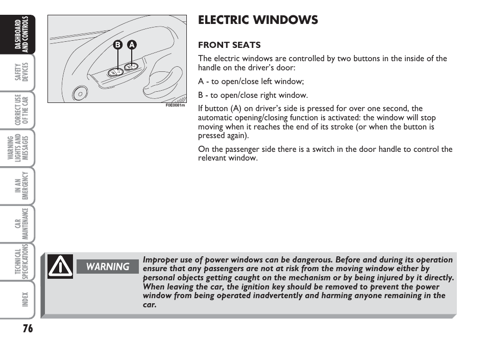 Electric windows, Warning | FIAT Multipla User Manual | Page 77 / 266