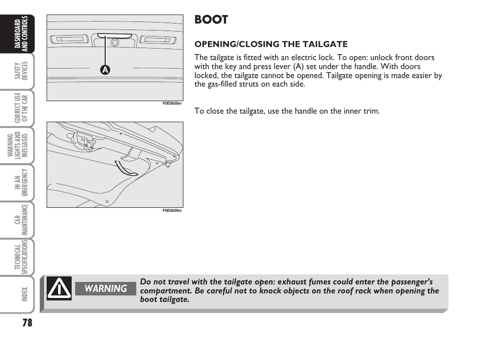 Boot, Warning | FIAT Multipla User Manual | Page 79 / 266