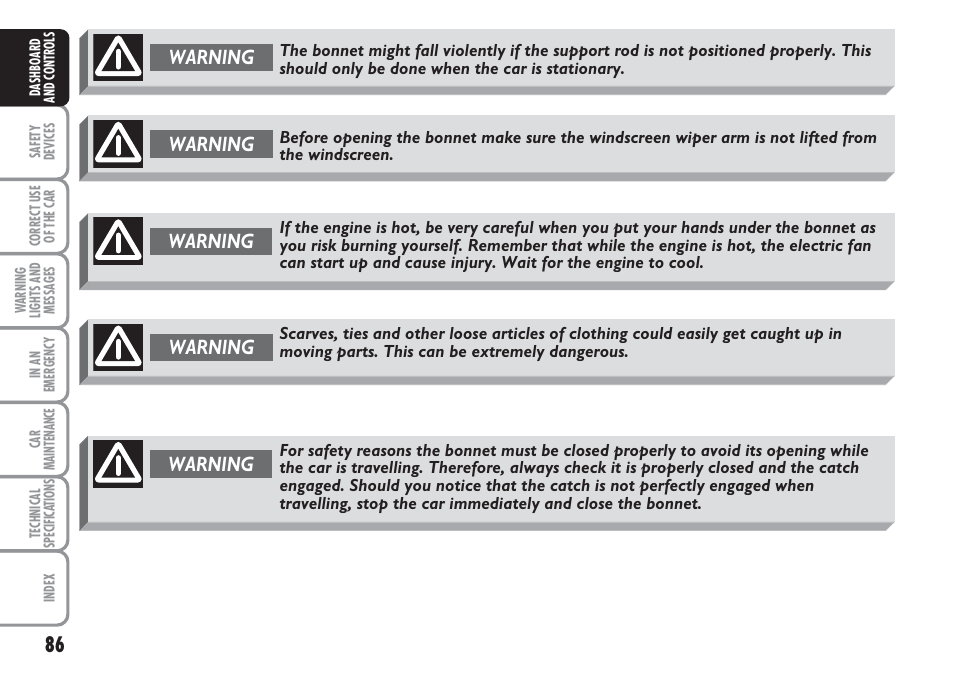 Warning | FIAT Multipla User Manual | Page 87 / 266