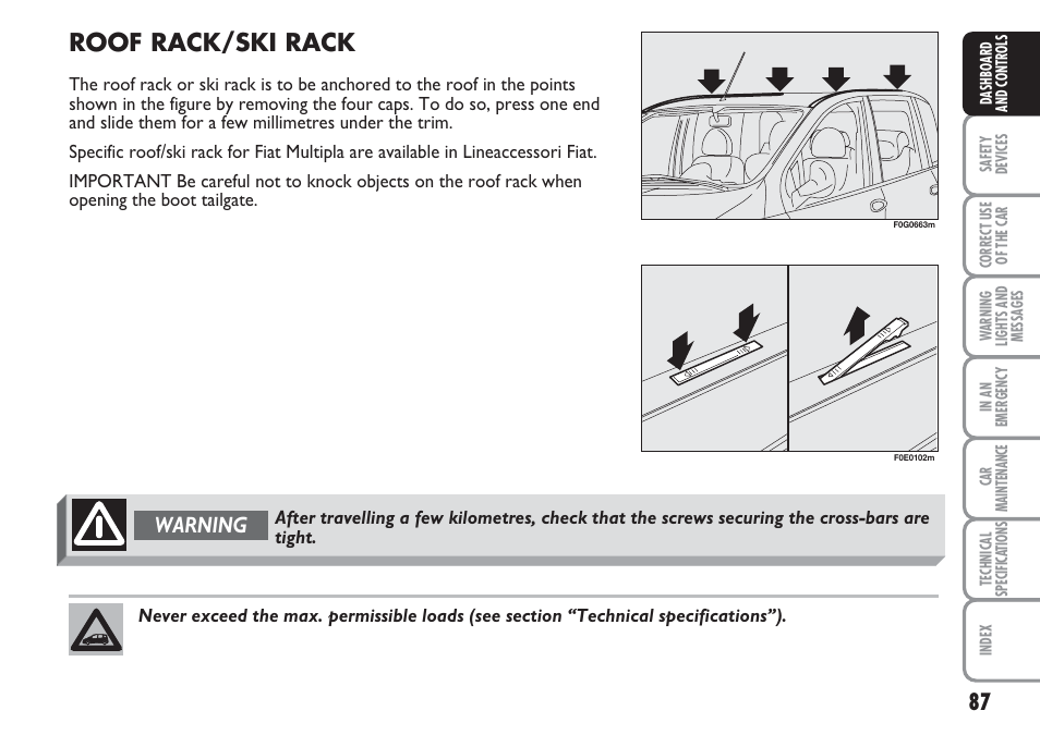 Roof rack/ski rack, Warning | FIAT Multipla User Manual | Page 88 / 266