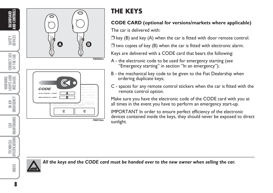 The keys | FIAT Multipla User Manual | Page 9 / 266